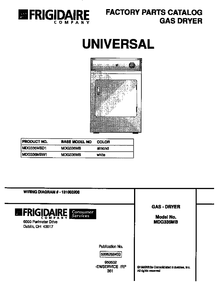 COVER Diagram and Parts List for MDG336MBD1  Frigidaire Dryer