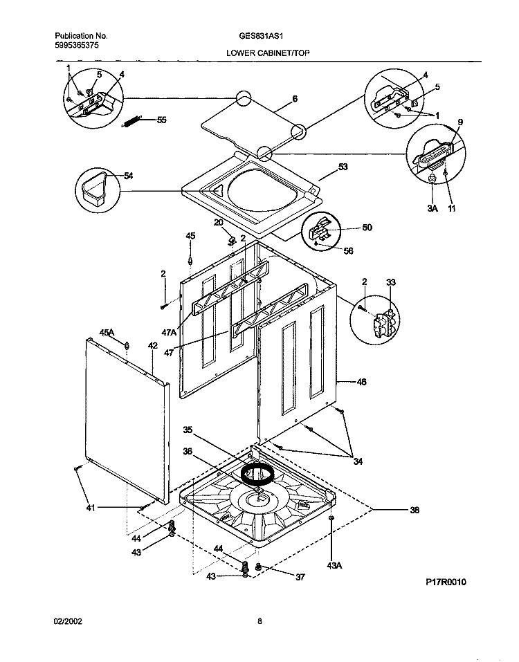 WSHR CAB, TOP Diagram and Parts List for GES831AS1  Gibson Washer Dryer Combo