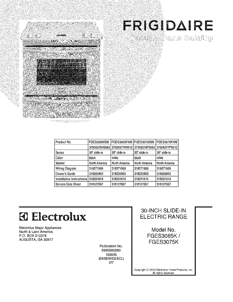 COVER Diagram and Parts List for FGES3075KBB  Frigidaire Range