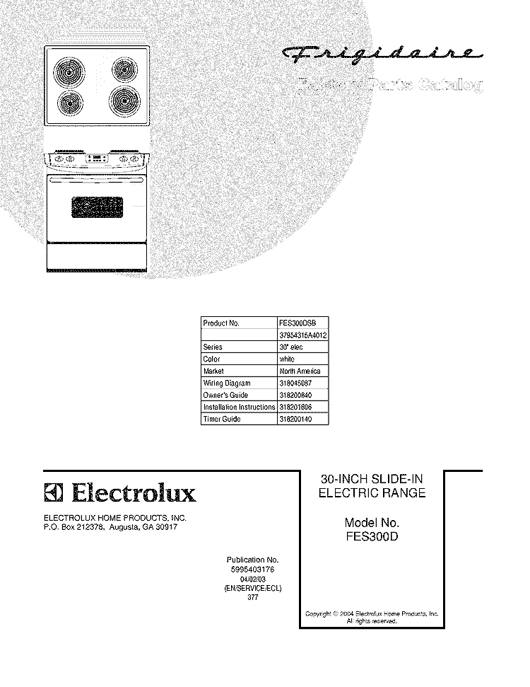 COVER Diagram and Parts List for FES300DSB  Frigidaire Range