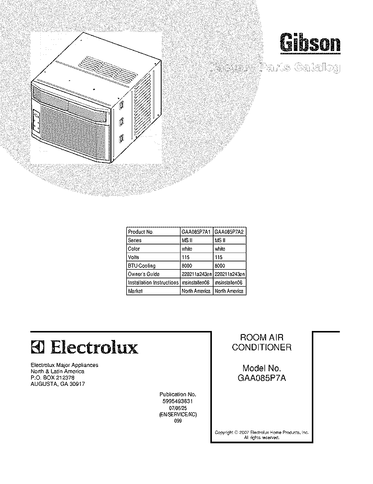 COVER Diagram and Parts List for GAA085P7A1  Gibson Air Conditioner