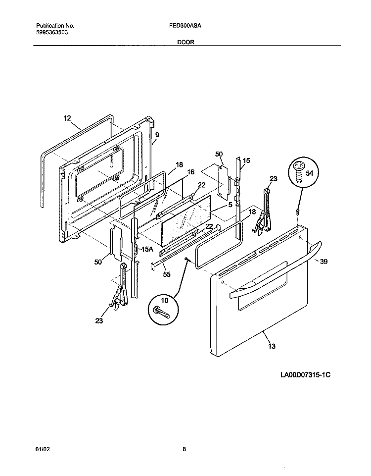 DOOR Diagram and Parts List for FED300ASA  Frigidaire Range