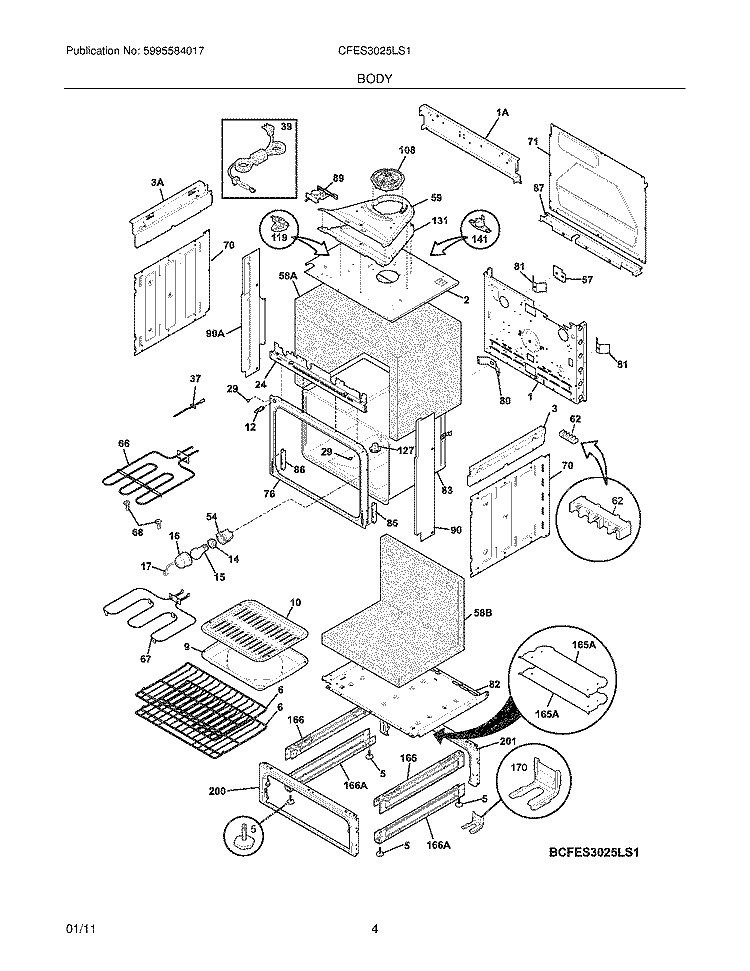 BODY Diagram and Parts List for CFES3025LS1  Frigidaire Range