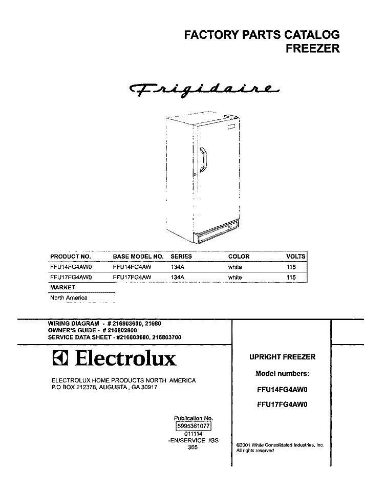 COVER Diagram and Parts List for FFU14FG4AW0  Frigidaire Freezer