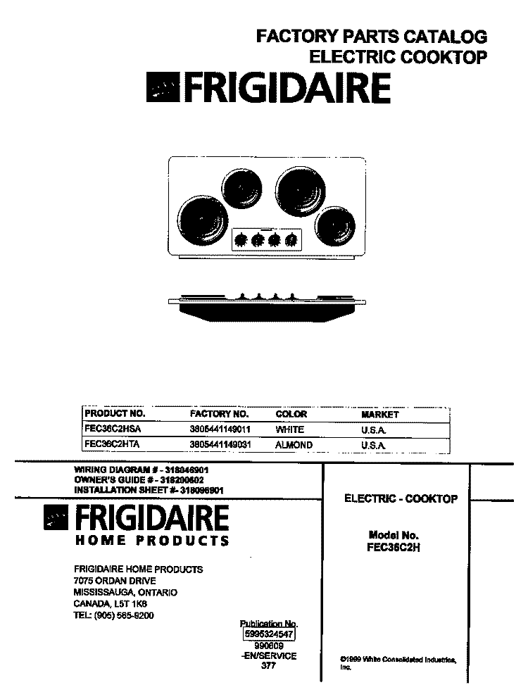 COVER Diagram and Parts List for FEC36C2HTA  Frigidaire Cooktop