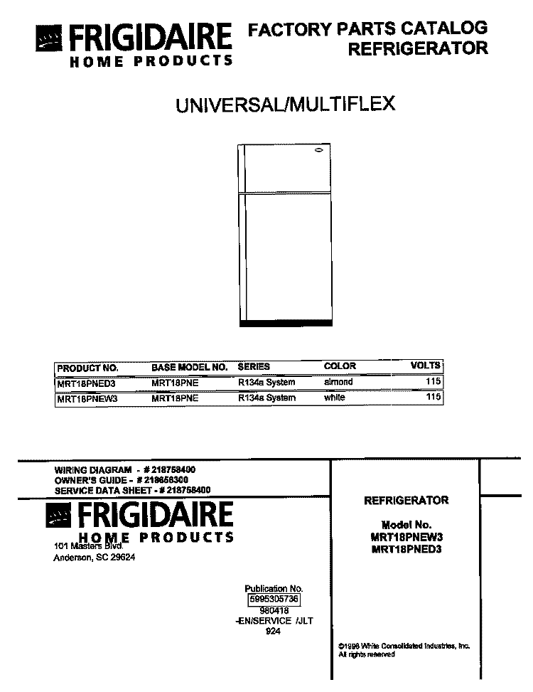 COVER Diagram and Parts List for MRT18PNED3  Frigidaire Refrigerator