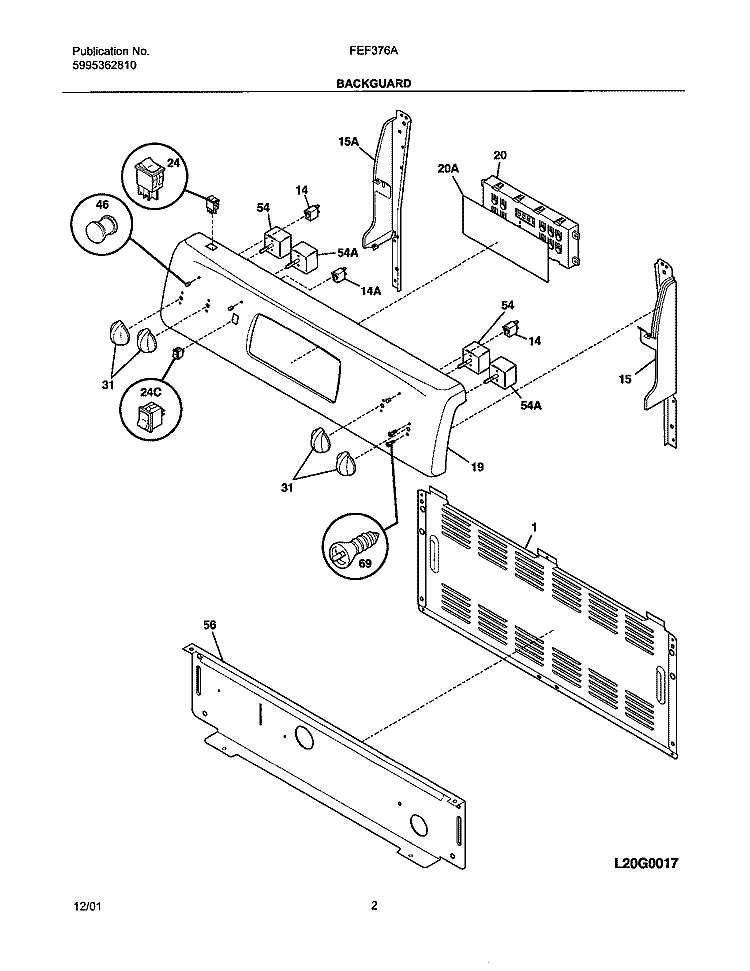 BACKGUARD Diagram and Parts List for FEF376ASE  Frigidaire Range