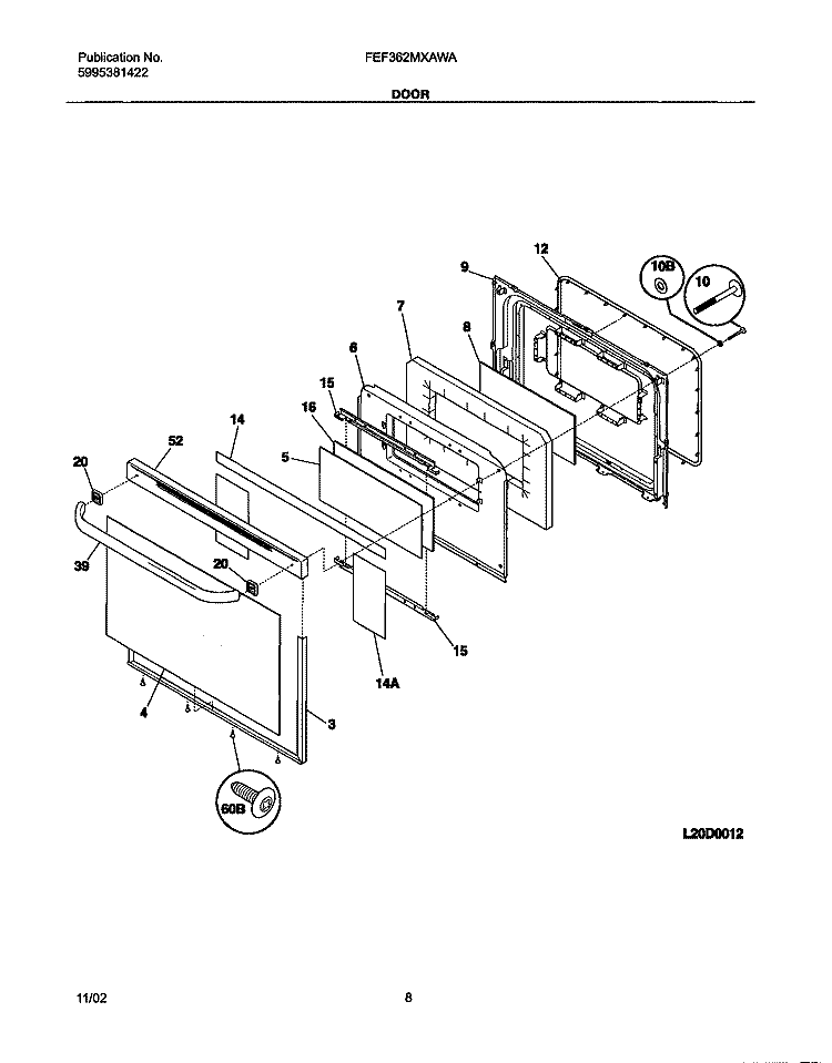 DOOR Diagram and Parts List for FEF362MXAWA  Frigidaire Range