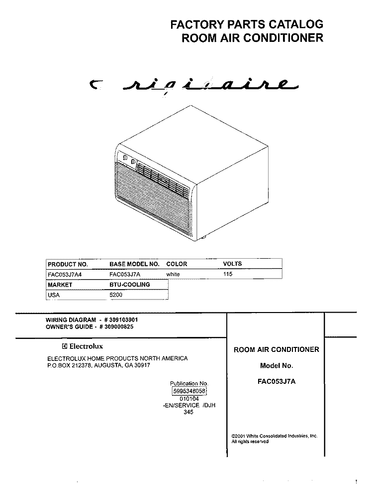 COVER Diagram and Parts List for FAC053J7A4  Frigidaire Air Conditioner