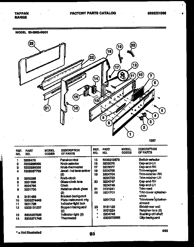 BACKGUARD Diagram and Parts List for 30-3852-00-01  Tappan Range