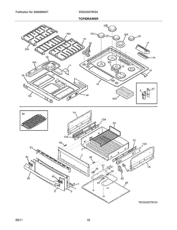 TOP/DRAWER Diagram and Parts List for EW30GS75KSA  Electrolux Range