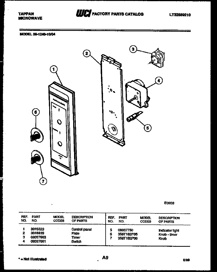 CONTROL PANEL Diagram and Parts List for 56-1246-00-04  Tappan Microwave