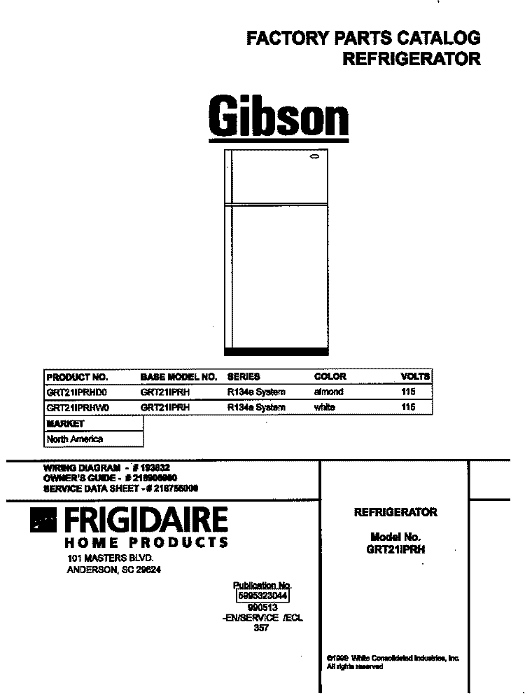 COVER Diagram and Parts List for GRT21IPRHW0  Gibson Refrigerator