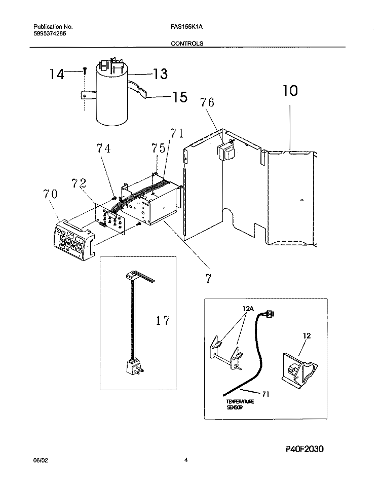 CONTROLS Diagram and Parts List for FAS155K1A4  Frigidaire Air Conditioner