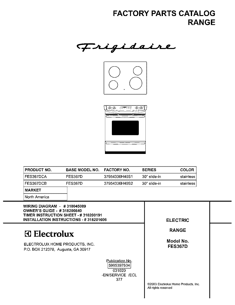 COVER Diagram and Parts List for FES367DCA  Frigidaire Range