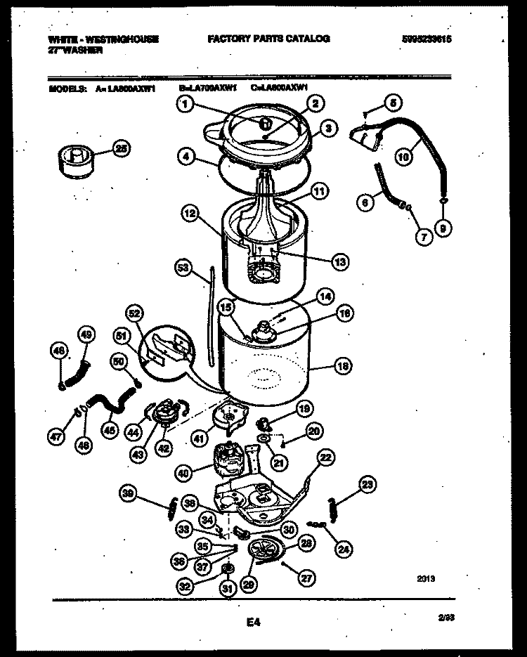 TUB DETAIL Diagram and Parts List for LA800AXW1  Frigidaire Washer