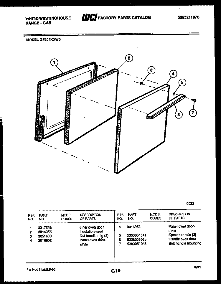 DOOR PARTS Diagram and Parts List for GF204KXD3  Frigidaire Range