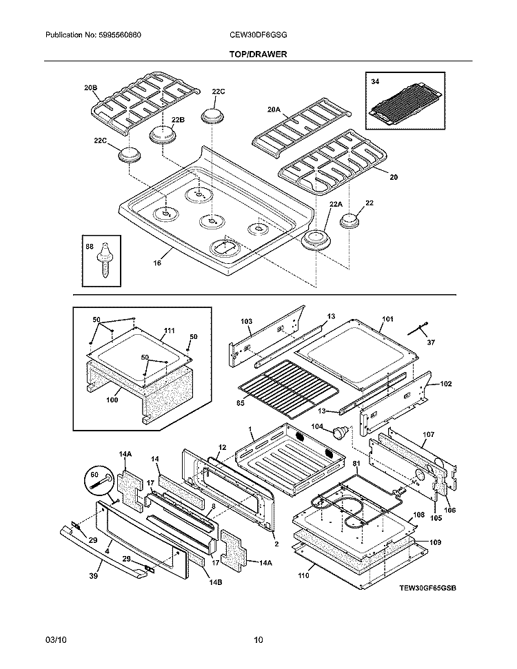TOP/DRAWER Diagram and Parts List for CEW30DF6GSG  Electrolux Range