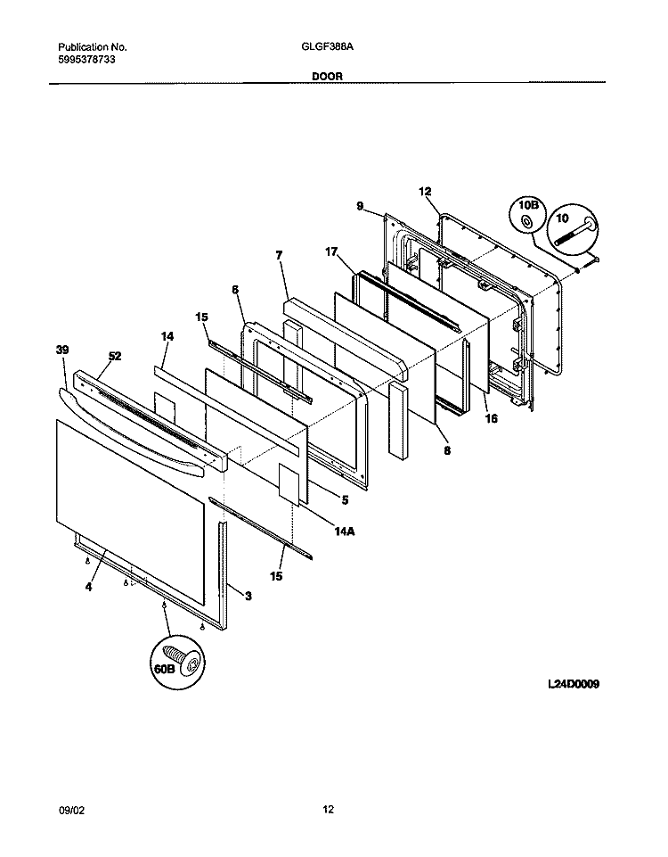 DOOR Diagram and Parts List for GLGF388AQD  Frigidaire Range