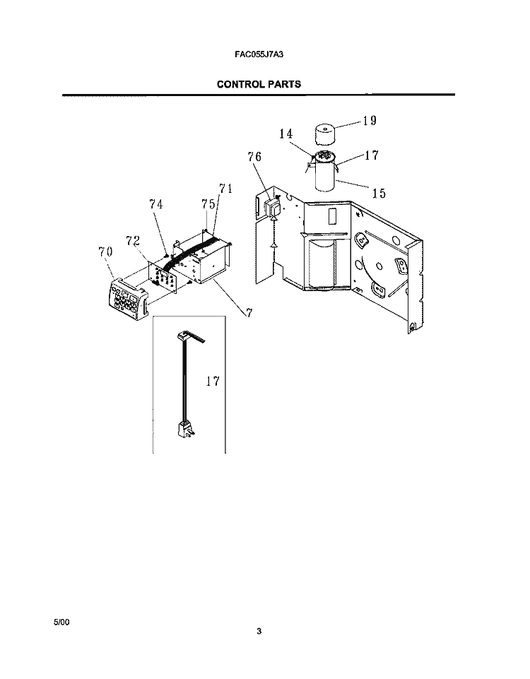 CONTROL PARTS Diagram and Parts List for FAC055J7A3  Frigidaire Air Conditioner