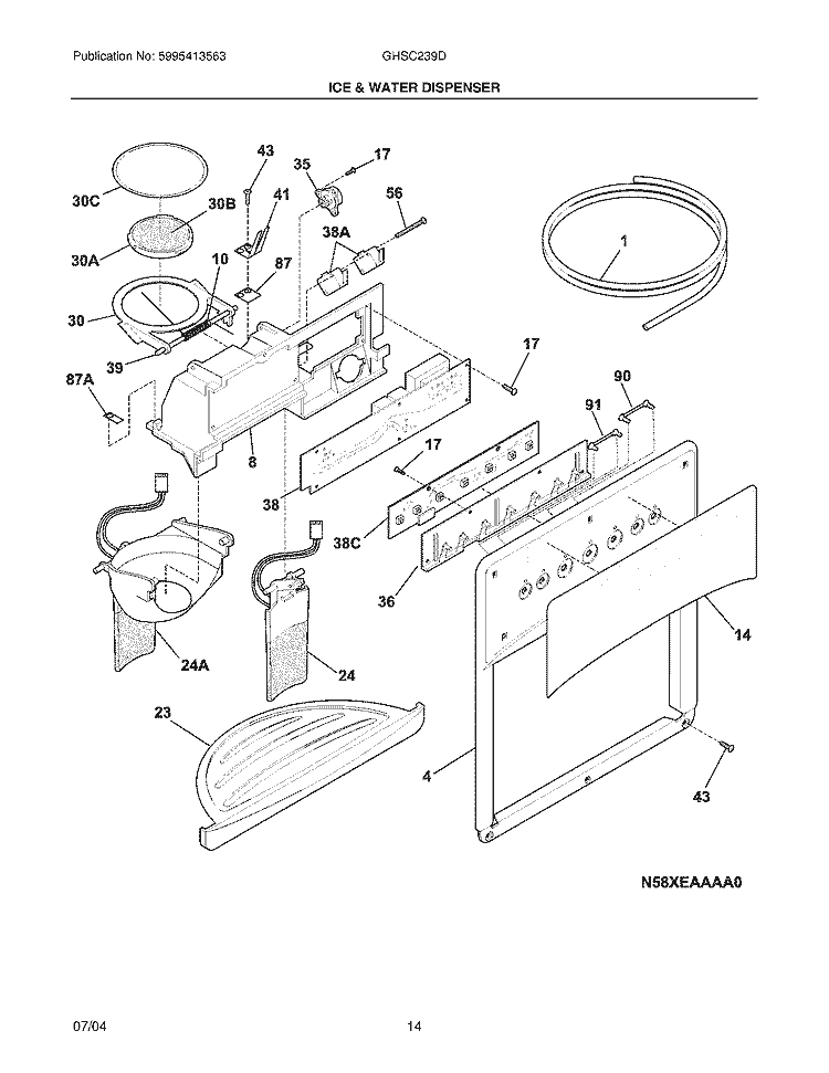 ICE & WATER DISPENSER Diagram and Parts List for GHSC239DW0  Frigidaire Refrigerator