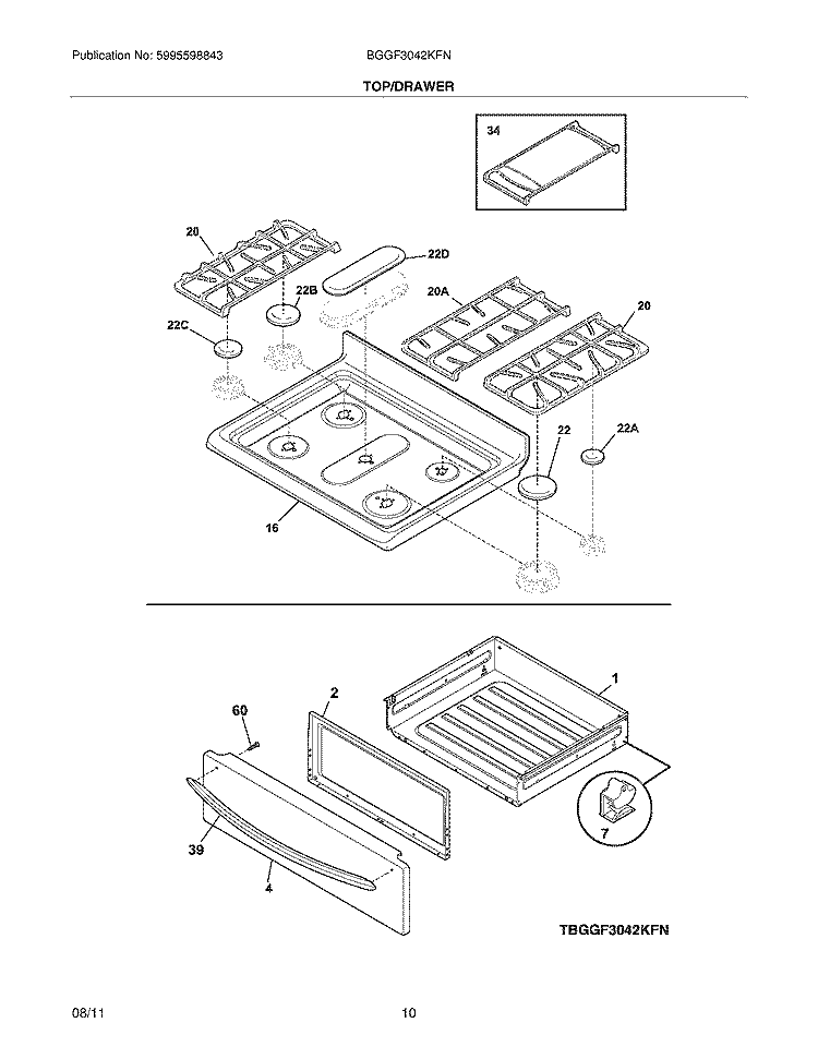 TOP/DRAWER Diagram and Parts List for BGGF3042KFN  Frigidaire Range