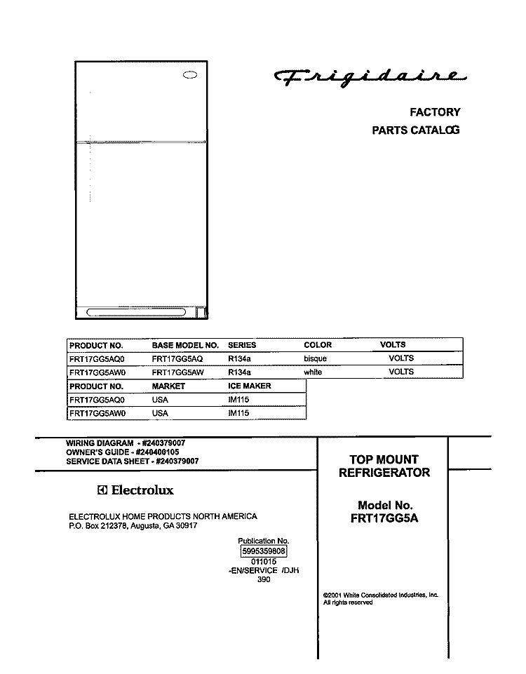 COVER Diagram and Parts List for FRT17GG5AQ0  Frigidaire Refrigerator