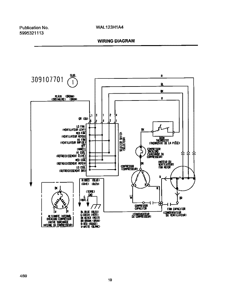 WIRING DIAGRAM Diagram and Parts List for WAL123H1A4  Frigidaire Air Conditioner