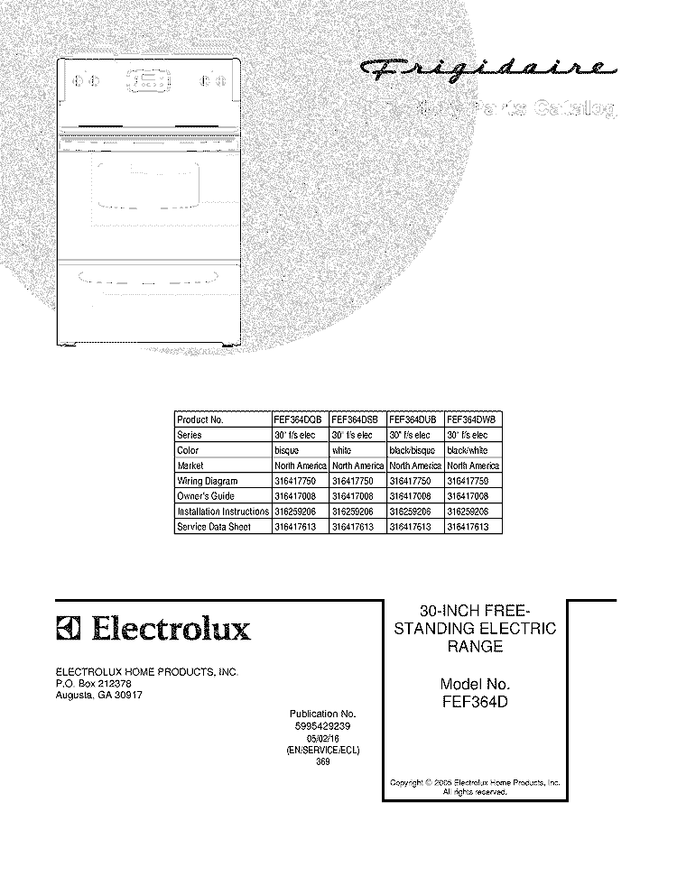COVER Diagram and Parts List for FEF364DUB  Frigidaire Range