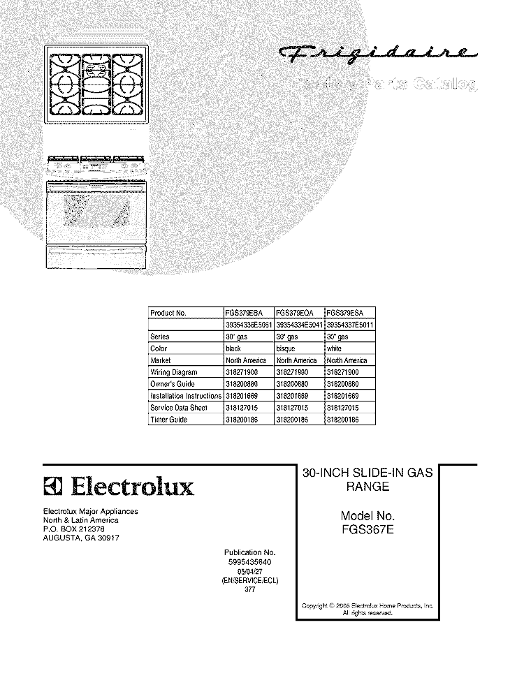COVER Diagram and Parts List for FGS379ESA  Frigidaire Range