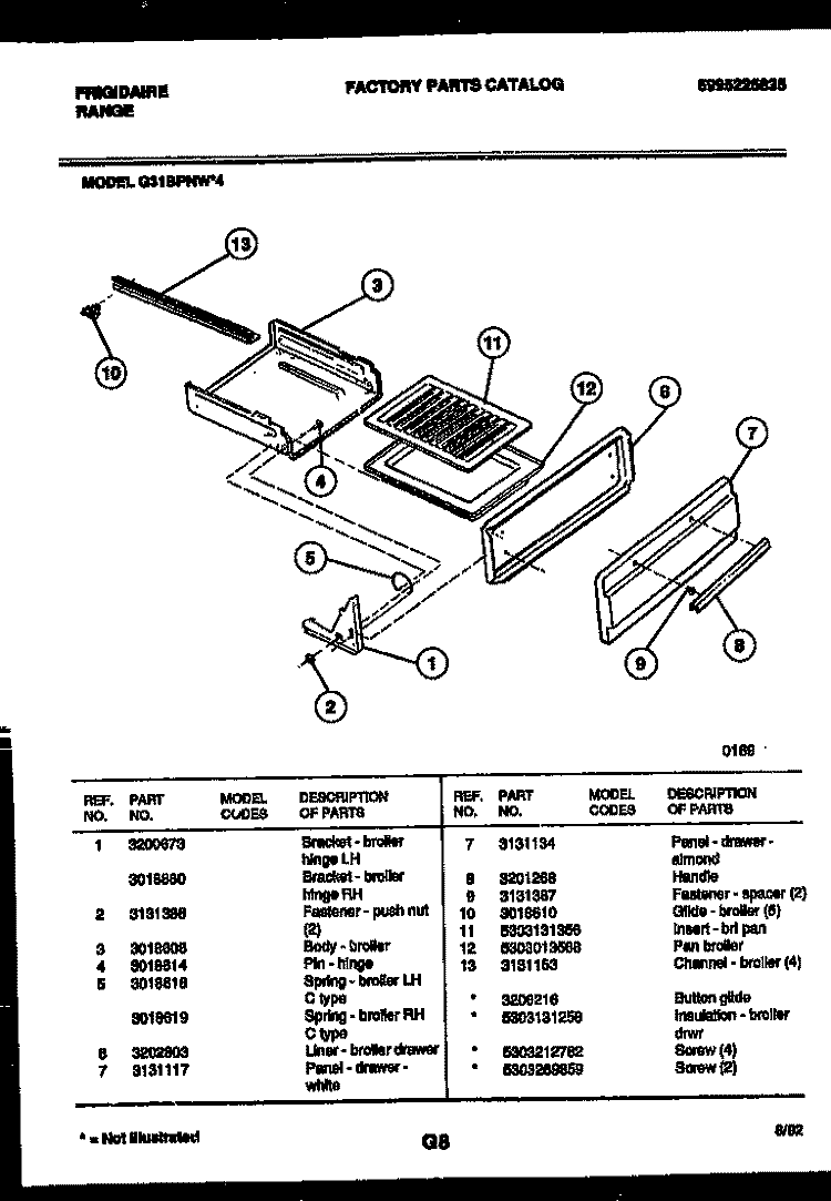 BROILER DRAWER PARTS Diagram and Parts List for G31BPNW4  Frigidaire Range
