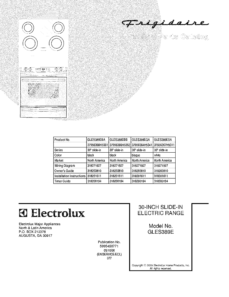 COVER Diagram and Parts List for GLES389EQA  Frigidaire Range