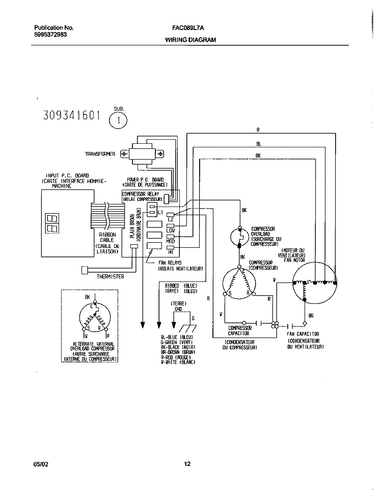 WIRING DIAGRAM Diagram and Parts List for FAC089L7A2  Frigidaire Air Conditioner