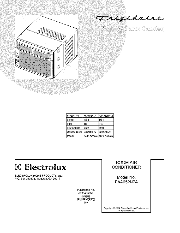 COVER Diagram and Parts List for FAA052N7A1  Frigidaire Air Conditioner