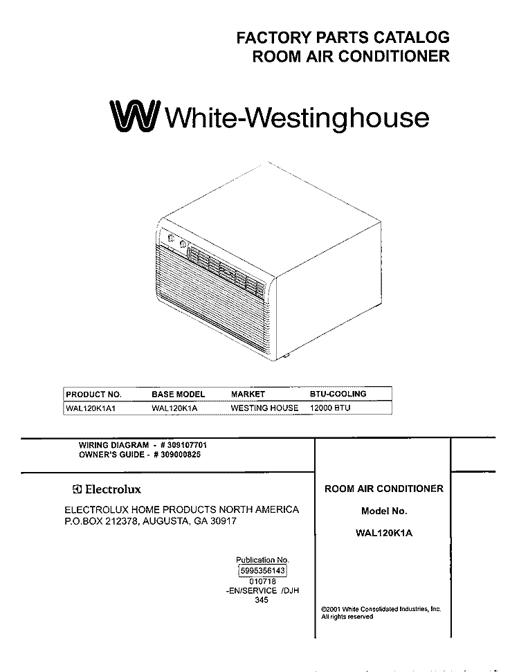 COVER Diagram and Parts List for WAL120K1A1  Westinghouse Air Conditioner