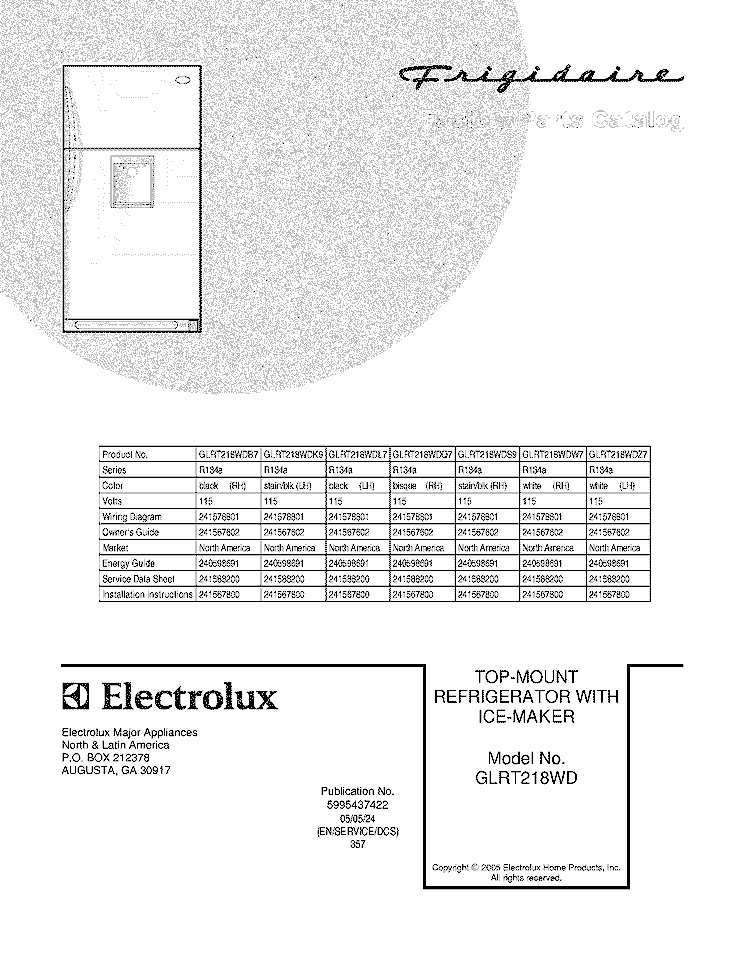 COVER Diagram and Parts List for GLRT218WDZ7  Frigidaire Refrigerator