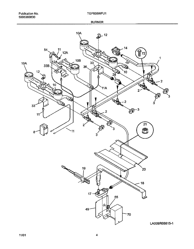 BURNER Diagram and Parts List for TGF605WFU1  Tappan Range