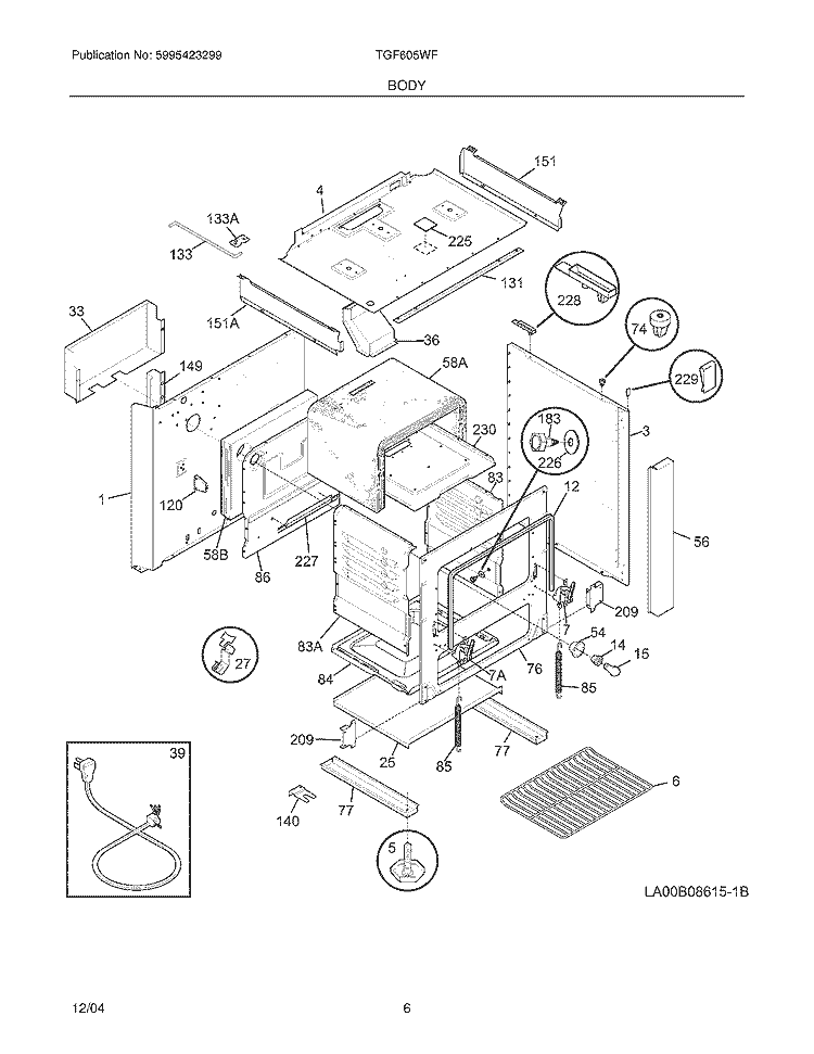 BODY Diagram and Parts List for TGF605WFU2  Tappan Range