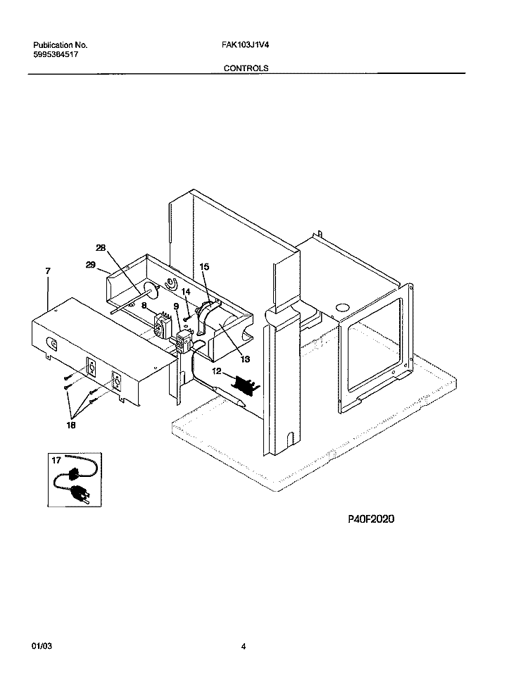 CONTROLS Diagram and Parts List for FAK103J1V4  Frigidaire Air Conditioner