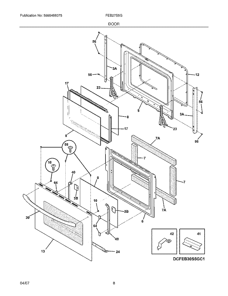 DOOR Diagram and Parts List for FEB27S5GCA  Frigidaire Wall Oven