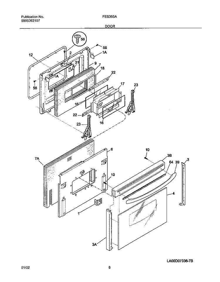 DOOR Diagram and Parts List for FES355ASB  Frigidaire Range
