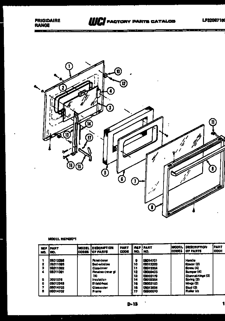 DOOR PARTS Diagram and Parts List for RG74BCB1  Frigidaire Wall Oven
