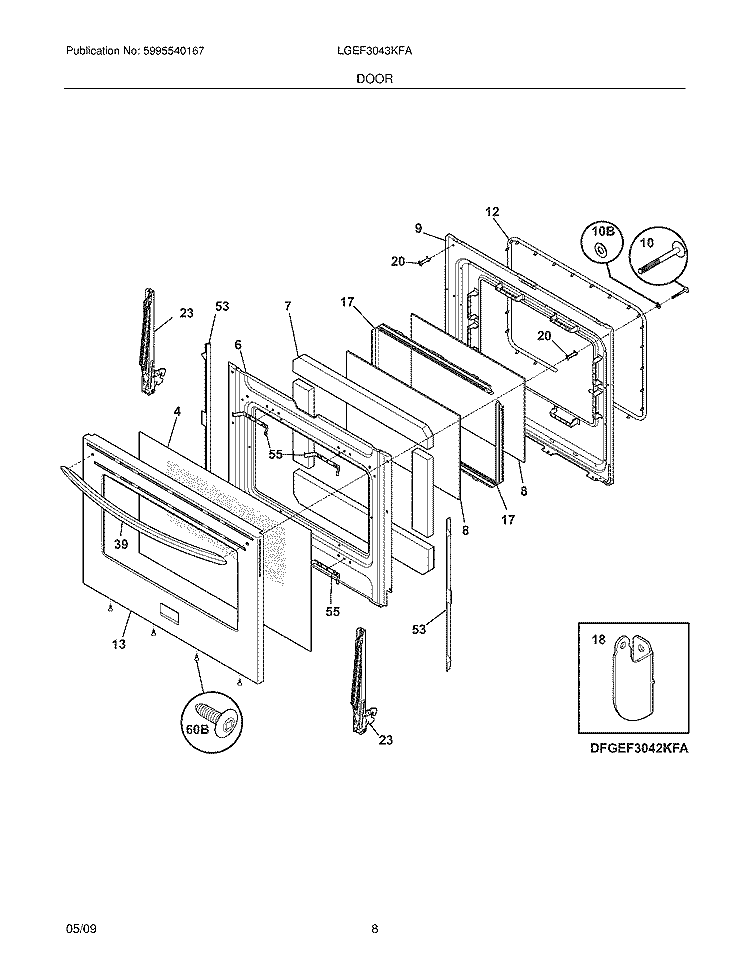 DOOR Diagram and Parts List for LGEF3043KFA  Frigidaire Range