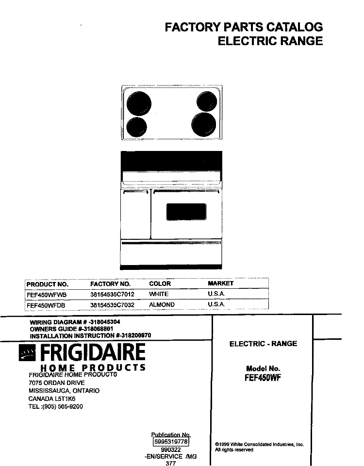COVER Diagram and Parts List for FEF450WFDB  Frigidaire Range