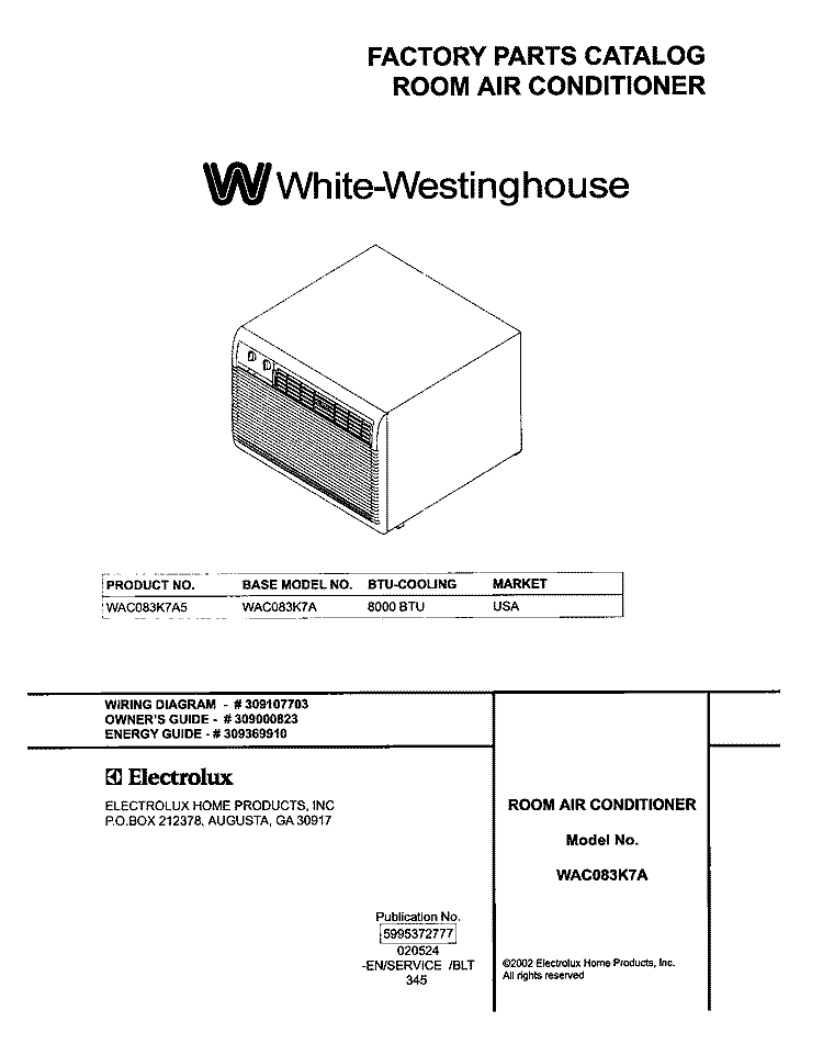 COVER Diagram and Parts List for WAC083K7A5  Westinghouse Air Conditioner