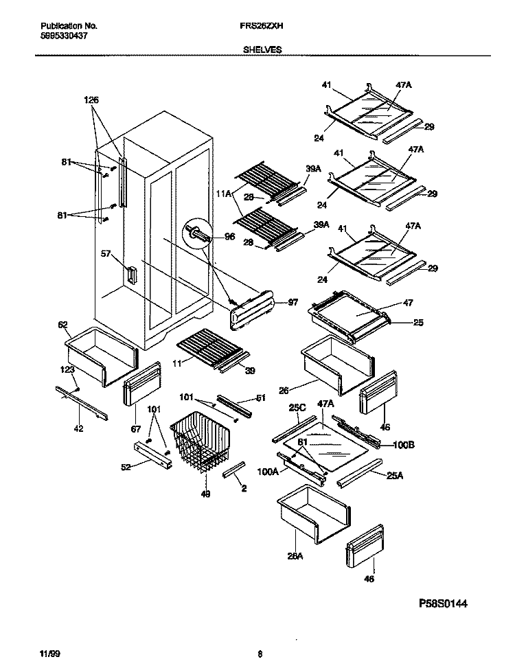 SHELVES Diagram and Parts List for FRS26ZXHD1  Frigidaire Refrigerator