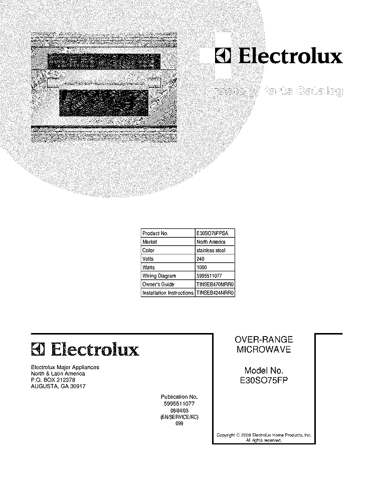 COVER Diagram and Parts List for E30SO75FPSA  Electrolux Microwave