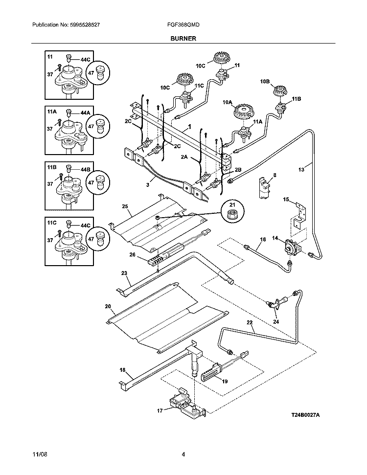 BURNER Diagram and Parts List for FGF368GMD  Frigidaire Range