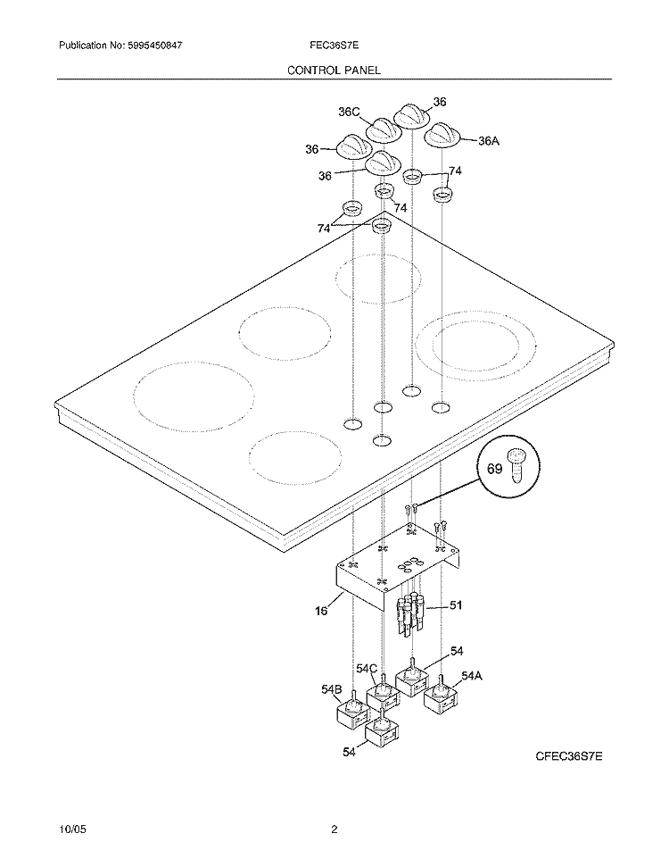CONTROLS Diagram and Parts List for FEC36S7ECA  Frigidaire Cooktop