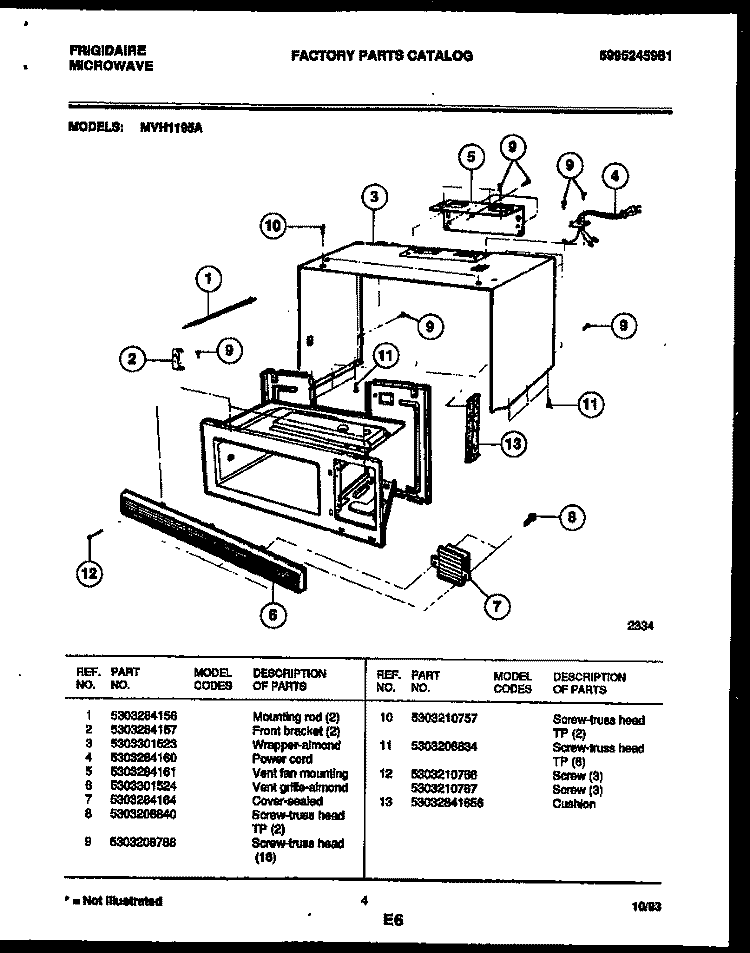 WRAPPER AND BODY PARTS Diagram and Parts List for MVH1195A  Frigidaire Microwave